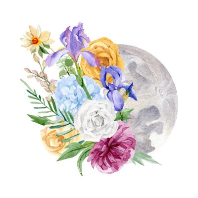 Sticker De maan en een bos bloemen