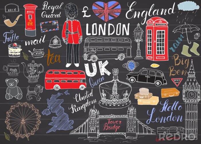 Sticker De stad van Londen doodles elementen collectie. Hand getrokken set met, de Tower Bridge, de kroon, de big ben, koninklijke wacht, rode bus, UK kaart en vlag, theepot, belettering, vector illustratie o