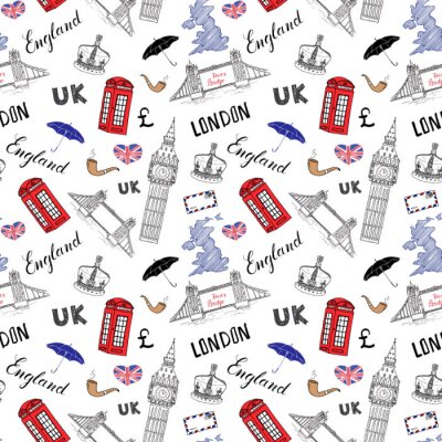 De stad van Londen doodles elementen naadloos patroon. met de hand getekende toren brug, kroon, de big ben, rode bus, Britse vlag, en belettering, vector illustratie geïsoleerde