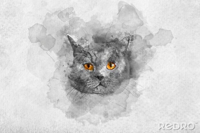 Sticker De waterverfportret van de leuke Britse shorthair kat.