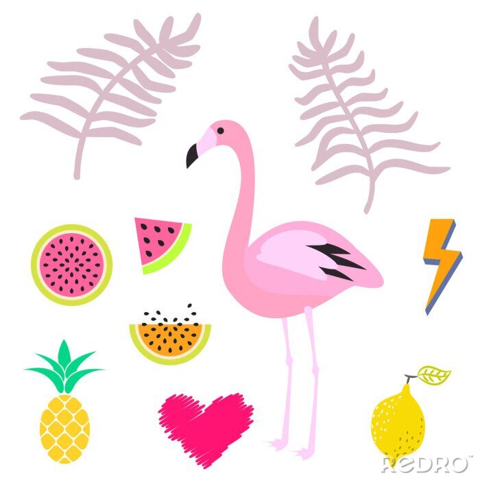 Sticker De zomer roze flamingo clipart icon set. Palm leaevs, watermeloen, ananas vruchten. Vector illustratie voor stickers en kaarten.