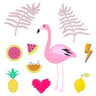 Sticker De zomer roze flamingo clipart icon set. Palm leaevs, watermeloen, ananas vruchten. Vector illustratie voor stickers en kaarten.