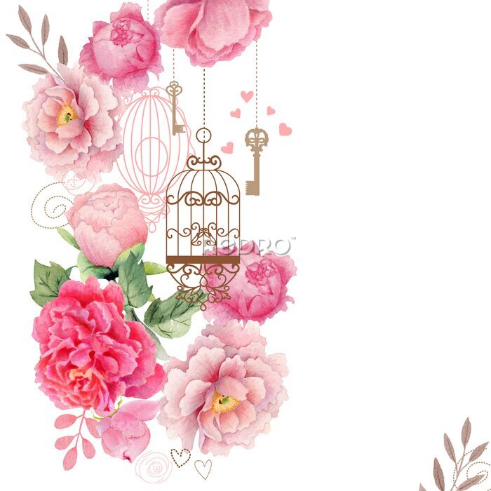 Sticker Decoratieve compositie met een vogelkooi en pioenrozen