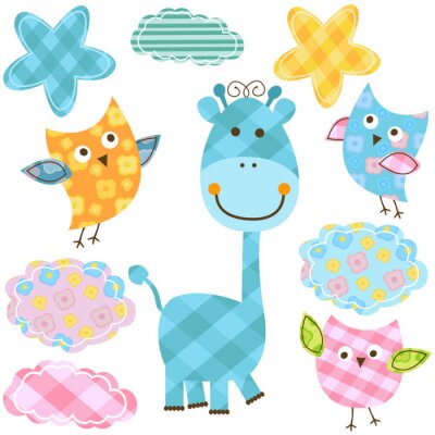 Sticker Decoratieve gekleurde tekeningen van dieren en wolken