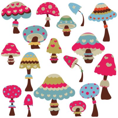 Sticker Decoratieve paddenstoelen in contrasterende kleuren
