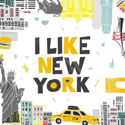 Decorative banner with symbols and attractions and the words I love New York. Postcard for tourists, travel guides, invitations. Poster for wall decoration in the room, classroom. Vector illustration.