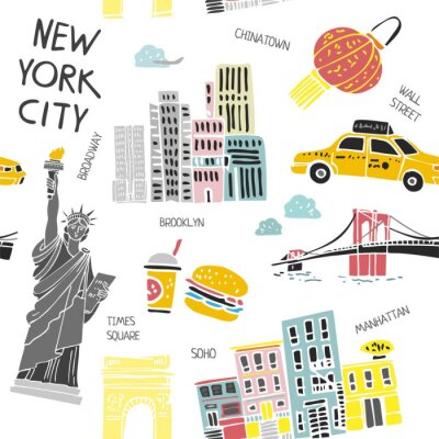 Decorative seamless pattern with new York symbols isolated on white. Background with architecture, names of attractions in the city of America for tourism, printing on Souvenirs. Vector illustration.