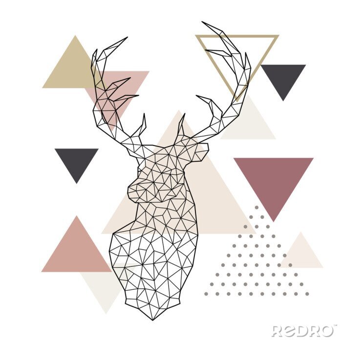 Sticker Deer head in a geometric style on abstract background with triangles. Scandinavian style illustration.