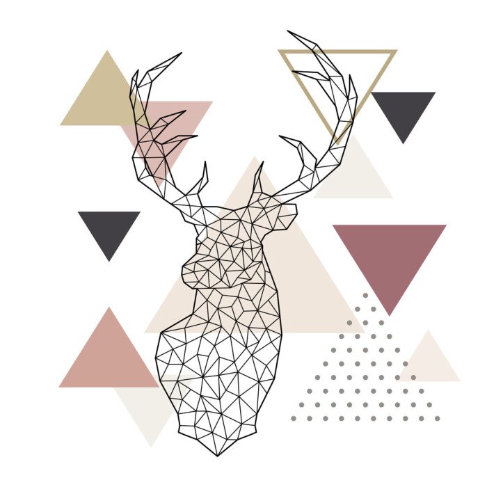 Sticker Deer head in a geometric style on abstract background with triangles. Scandinavian style illustration.