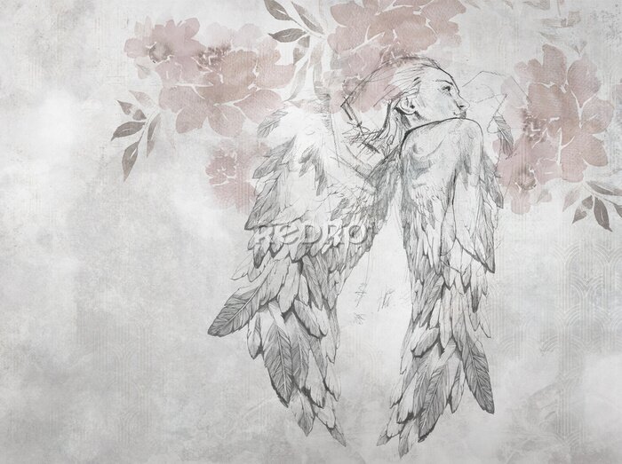 Sticker Delicate engelachtige vrouw met bloemen op een grijze textuur