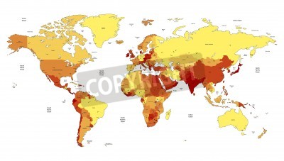 Sticker Detailed vector World map of yellow, orange, red colors. Names, town marks and national borders are in separate layers.