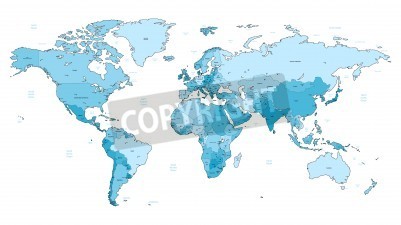 Sticker Detailed World map of light blue colors. Names, town marks and national borders are in separate layers.