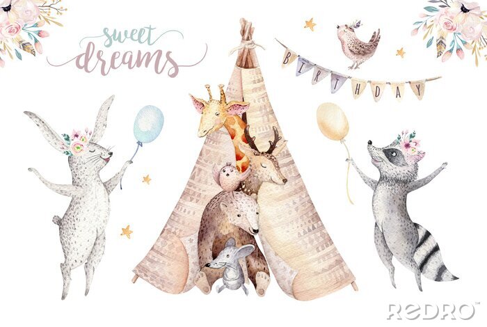 Sticker Dieren op een witte bohoachtergrond