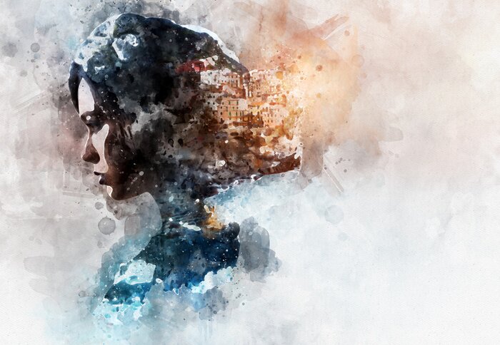 Sticker Digitaal waterverf schilderij. Dubbele blootstelling. Vrouw en uitzicht op Manarola.