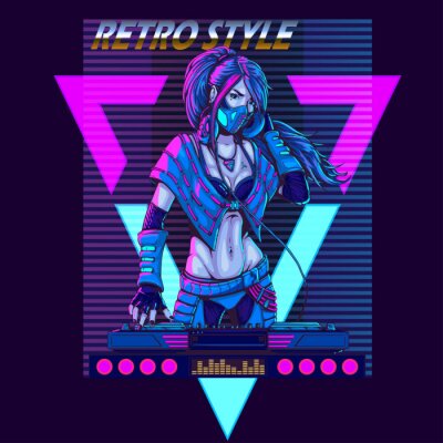 Sticker DJ woman in futuristic synth retro wave style 80s poster illustration.
