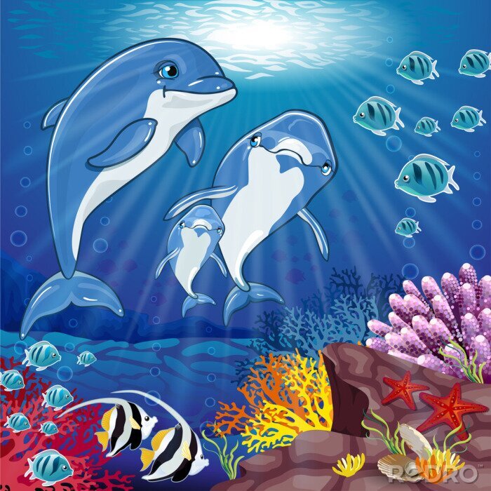 Sticker Dolfijnen op de bodem van de zee