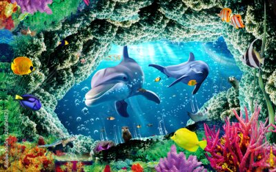 Sticker Dolfijnvissen en oceaankoraalrif