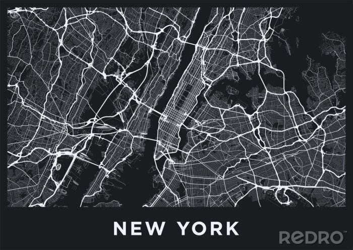 Sticker Donkere kaart van New York City. Routekaart van New York (Verenigde Staten). Zwart-witte (donkere) illustratie van de straten van New York. Transportnetwerk van de Big Apple. Afdrukbaar posterformaat 