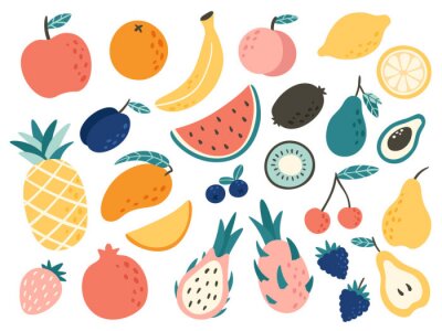 Sticker Doodle fruits. Natural tropical fruit, doodles citrus orange and vitamin lemon. Vegan kitchen apple hand drawn vector illustration