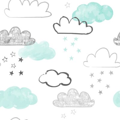 Doodle wolken patroon. Hand getrokken vector naadloze achtergrond met wolken en sterren in grijs en blauwgroen. Druk in Scandinavische stijl.
