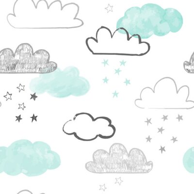 Behang Doodle wolken patroon. Hand getrokken vector naadloze achtergrond met wolken en sterren in grijs en blauwgroen. Druk in Scandinavische stijl.