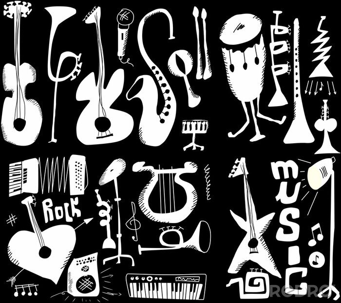 Sticker doodles muziekinstrumenten grappige muziek geïsoleerd op zwart