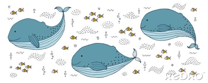 Sticker Drawing - funny whale and hand drawn elements