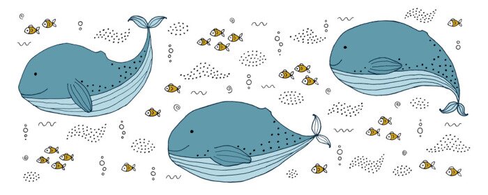 Sticker Drawing - funny whale and hand drawn elements