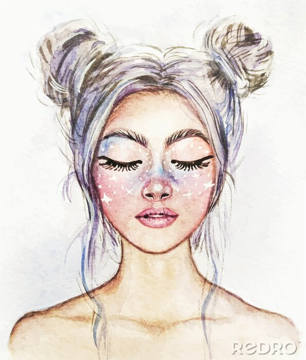 Sticker Drawing of a fantastic girl with a beautiful make-up. Snow Queen. Watercolor illustration.