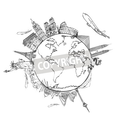 Sticker drawing the dream travel around the world in a whiteboard