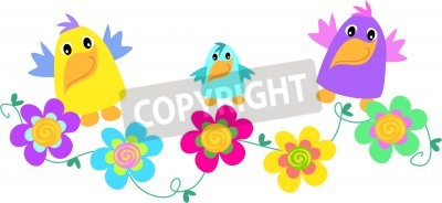 Sticker Drie lachende vogels over regenboogbloemen
