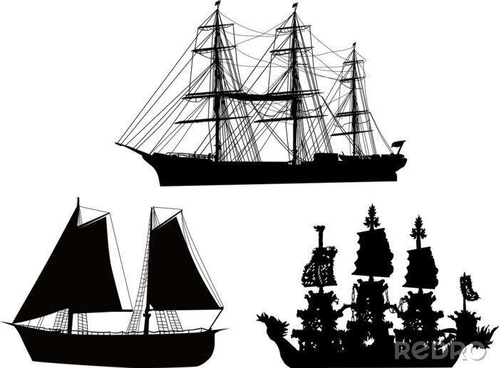 Sticker drie zwarte boten collectie geïsoleerd op wit