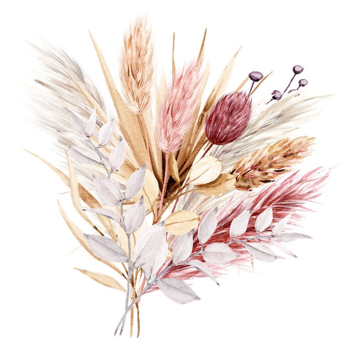 Sticker Dried flowers watercolor drawing. Pampas grass, tropical palm leaves, wildflowers.	