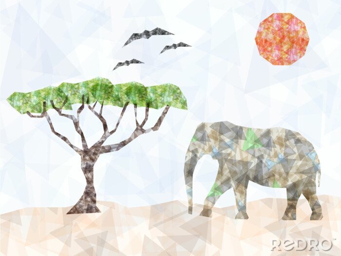 Sticker Driehoeken geometrische olifant met boom