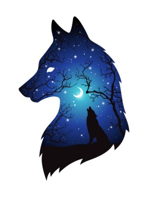 Sticker Dubbel blootstellingssilhouet van wolf in de nacht bos, blauwe hemel met toenemende maan en geïsoleerde sterren. Sticker, afdrukken of tatoeage ontwerp vectorillustratie. Heidense totem, bekende vertr