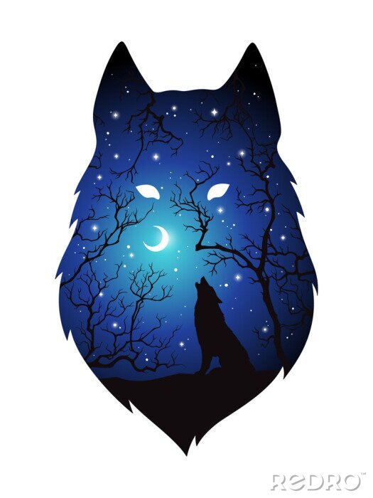 Sticker Dubbel blootstellingssilhouet van wolf in de nacht bos, blauwe hemel met toenemende maan en geïsoleerde sterren. Sticker, afdrukken of tatoeage ontwerp vectorillustratie. Heidense totem, bekende vertr