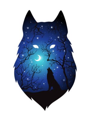 Sticker Dubbel blootstellingssilhouet van wolf in de nacht bos, blauwe hemel met toenemende maan en geïsoleerde sterren. Sticker, afdrukken of tatoeage ontwerp vectorillustratie. Heidense totem, bekende vertr