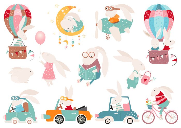 Sticker Easter bunny clipart set, Easter rabbit collection, isolated elements on white. Vector illustration.