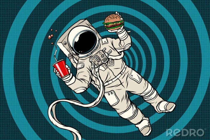 Sticker Een astronaut in een ruimtepak die een hamburger eet