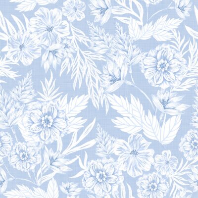 Behang Een blauwe tuin met verschillende soorten bloemen