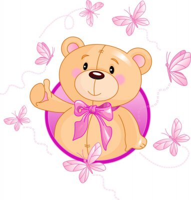 Een blozende teddybeer met een roze strik