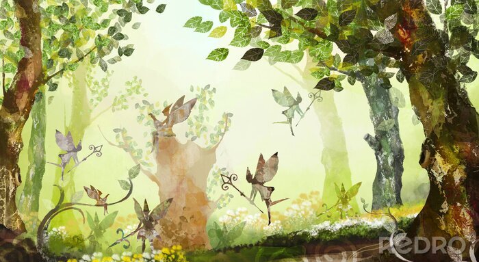 Sticker Een bos vol vliegende feeën