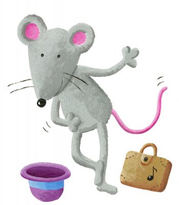 Sticker Een dansende grijze muis met een paarse hoed