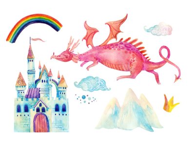Een draak die naar het kasteel vliegt en een regenboog
