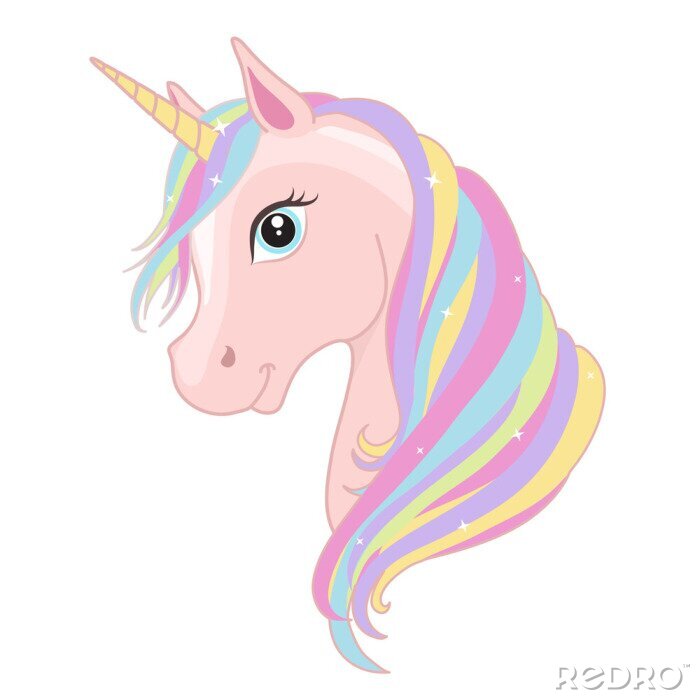 Sticker Een eenhoorn met een blauw oog en regenboogmanen