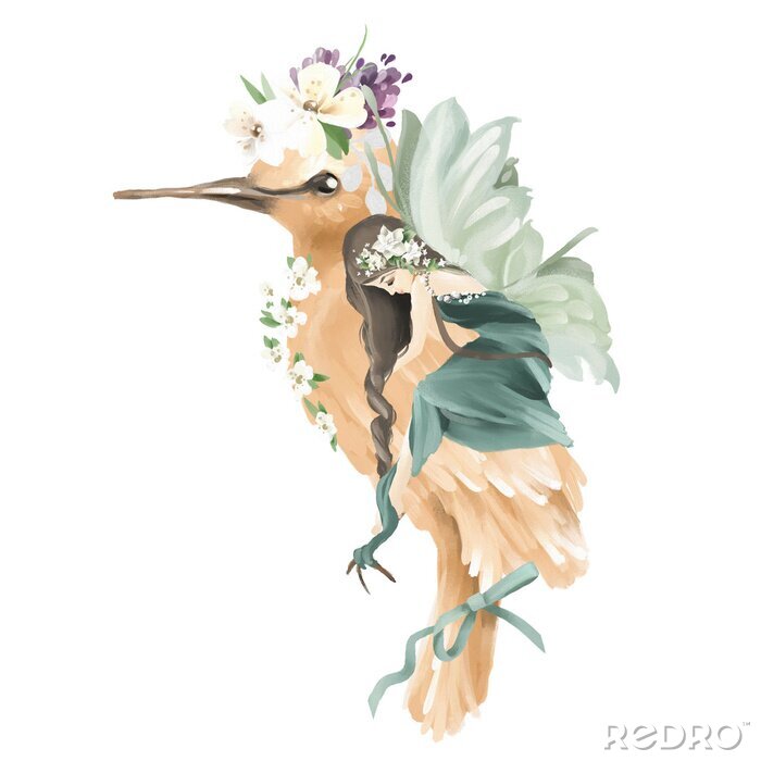 Sticker Een fee met groene vleugels die een vogel koestert