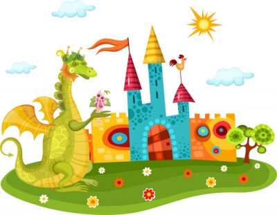 Een felgroene draak naast een sprookjesachtig veelkleurig kasteel