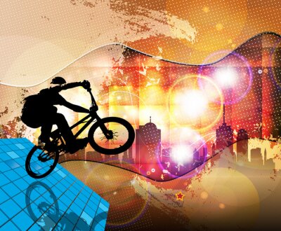 Een fietser tegen de achtergrond van de stad