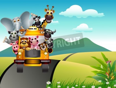 Sticker Een gele bus met dieren van verschillende soorten