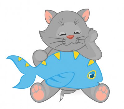 Sticker Een grijze kat die een grote blauwgele vis vasthoudt